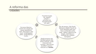 A reforma das
cidades
Transformação
do espaço
urbano –
processo de
“europeização”
do país.
Rio de Janeiro, São Paulo,
Manaus e Belém foram as
mais afetadas pelo que
ficou conhecido como
bota- abaixo: abertura de
largas avenidas e a
imitação de prédios
europeus.
Deslocamento das
famílias pobres das
áreas centrais, onde
moravam em
cortiços, para locais
de difícil acesso –
nasciam as favelas.
Escravos libertos
viviam em estado de
quase abandono:
sem educação e não
eram empregados
pelos proprietários
rurais.
 