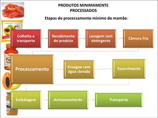 PRODUTOS MINIMAMENTE
PROCESSADOS
Colheita e
transporte
Recebimento
do produto
Lavagem com
detergente
Câmara fria
Processamento Enxague com
água clorada
Escorrimento
Embalagem Armazenamento Transporte
Etapas do processamento mínimo do mamão:
 