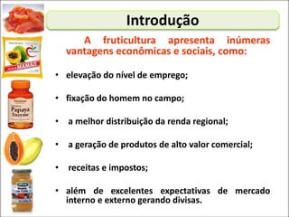 Introdução
A fruticultura apresenta inúmeras
vantagens econômicas e sociais, como:
• elevação do nível de emprego;
• fixação do homem no campo;
• a melhor distribuição da renda regional;
• a geração de produtos de alto valor comercial;
• receitas e impostos;
• além de excelentes expectativas de mercado
interno e externo gerando divisas.
 