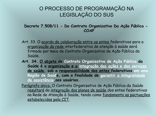 Decreto 7.508/11 - Do Contrato Organizativo Da Ação Pública -
COAP
Art. 33. O acordo de colaboração entre os entes federativos para a
organização da rede interfederativa de atenção à saúde será
firmado por meio de Contrato Organizativo da Ação Pública da
Saúde.
Art. 34. O objeto do Contrato Organizativo de Ação Pública da
Saúde é a organização e a integração das ações e dos serviços
de saúde, sob a responsabilidade dos entes federativos em uma
Região de Saúde, com a finalidade de garantir a integralidade
da assistência aos usuários.
Parágrafo único. O Contrato Organizativo de Ação Pública da Saúde
resultará da integração dos planos de saúde dos entes federativos
na Rede de Atenção à Saúde, tendo como fundamento as pactuações
estabelecidas pela CIT.
O PROCESSO DE PROGRAMAÇÃO NA
LEGISLAÇÃO DO SUS
 