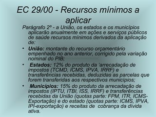 Parágrafo 2º - a União, os estados e os municípios
aplicarão anualmente em ações e serviços públicos
de saúde recursos mínimos derivados da aplicação
de:
• União: montante do recurso orçamentário
empenhado no ano anterior, corrigido pela variação
nominal do PIB;
• Estados: 12% do produto da ‘arrecadação de
impostos (TCMD, ICMS, IPVA, IRRF) e
transferências recebidas, deduzidas as parcelas que
forem transferidas aos respectivos municípios;
• Municípios: 15% do produto da arrecadação de
impostos (IPTU, ITBI, ISS, IRRF) e transferências
recebidas da União (quotas parte: FPM, ITR, ICMS-
Exportação) e do estado (quotas parte: ICMS, IPVA,
IPI-exportação) e receitas de cobrança da dívida
ativa.
EC 29/00 - Recursos mínimos a
aplicar
 