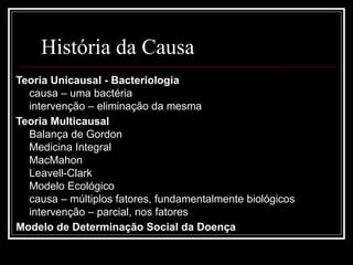 História da Causa
Teoria Unicausal - Bacteriologia
causa – uma bactéria
intervenção – eliminação da mesma
Teoria Multicausal
Balança de Gordon
Medicina Integral
MacMahon
Leavell-Clark
Modelo Ecológico
causa – múltiplos fatores, fundamentalmente biológicos
intervenção – parcial, nos fatores
Modelo de Determinação Social da Doença
 