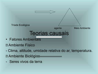 Tríade Ecológica
agente Meio Ambiente
Teorias causais
• Fatores Ambientais
Ambiente Físico
- Clima, altitude, umidade relativa do ar, temperatura.
Ambiente Biológico
- Seres vivos da terra
 