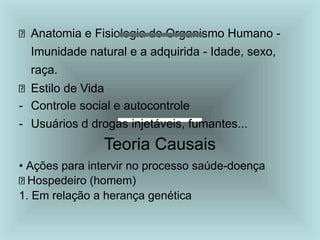 Anatomia e Fisiologia do Organismo Humano -
Imunidade natural e a adquirida - Idade, sexo,
raça.
Estilo de Vida
- Controle social e autocontrole
- Usuários d drogas injetáveis, fumantes...
Teoria Causais
• Ações para intervir no processo saúde-doença
Hospedeiro (homem)
1. Em relação a herança genética
 