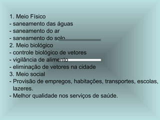 1. Meio Físico
- saneamento das águas
- saneamento do ar
- saneamento do solo
2. Meio biológico
- controle biológico de vetores
- vigilância de alimento
- eliminação de vetores na cidade
3. Meio social
- Provisão de empregos, habitações, transportes, escolas,
lazeres.
- Melhor qualidade nos serviços de saúde.
 