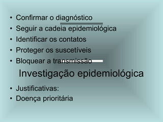 • Confirmar o diagnóstico
• Seguir a cadeia epidemiológica
• Identificar os contatos
• Proteger os suscetíveis
• Bloquear a transmissão
Investigação epidemiológica
• Justificativas:
• Doença prioritária
 