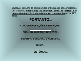 Qualquer conjunto de partes unidas entre si pode ser considerado
um sistema, desde que as relações entre as partes e o
comportamento do todo sejam o foco de atenção (ALVAREZ,
1990
PORTANTO...
CONJUNTO DE AÇÕES E SERVIÇOS...
PÚBLICO (DIRETO E INDIRETO)...
FEDERAL, ESTADUAL E MUNICIPAL
ÚNICO...
SISTÊMICO...
 