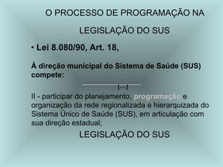 O PROCESSO DE PROGRAMAÇÃO NA
LEGISLAÇÃO DO SUS
• Lei 8.080/90, Art. 18,
À direção municipal do Sistema de Saúde (SUS)
compete:
[...]
II - participar do planejamento, programação e
organização da rede regionalizada e hierarquizada do
Sistema Único de Saúde (SUS), em articulação com
sua direção estadual;
LEGISLAÇÃO DO SUS
 