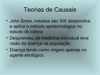 Teorias de Causais 
• John Snow, meados séc XIX desenvolve 
e aplica o método epidemiológico no 
estudo do cólera 
• Desprendeu da medicina individual teve 
visão da doença na população 
• Doença tendo como origem apenas no 
agente etiológico 
 
