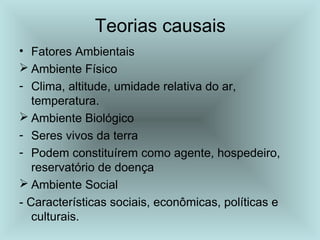 Teorias causais 
• Fatores Ambientais 
 Ambiente Físico 
- Clima, altitude, umidade relativa do ar, 
temperatura. 
 Ambiente Biológico 
- Seres vivos da terra 
- Podem constituírem como agente, hospedeiro, 
reservatório de doença 
 Ambiente Social 
- Características sociais, econômicas, políticas e 
culturais. 
 