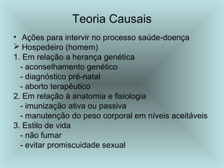 Teoria Causais 
• Ações para intervir no processo saúde-doença 
 Hospedeiro (homem) 
1. Em relação a herança genética 
- aconselhamento genético 
- diagnóstico pré-natal 
- aborto terapêutico 
2. Em relação à anatomia e fisiologia 
- imunização ativa ou passiva 
- manutenção do peso corporal em níveis aceitáveis 
3. Estilo de vida 
- não fumar 
- evitar promiscuidade sexual 
 