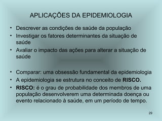 29 
APLICAÇÕES DA EPIDEMIOLOGIA 
• Descrever as condições de saúde da população 
• Investigar os fatores determinantes da situação de 
saúde 
• Avaliar o impacto das ações para alterar a situação de 
saúde 
• Comparar: uma obsessão fundamental da epidemiologia 
• A epidemiologia se estrutura no conceito de RISCO. 
• RISCO: é o grau de probabilidade dos membros de uma 
população desenvolverem uma determinada doença ou 
evento relacionado à saúde, em um período de tempo. 
 