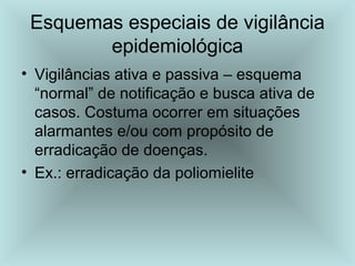 Esquemas especiais de vigilância 
epidemiológica 
• Vigilâncias ativa e passiva – esquema 
“normal” de notificação e busca ativa de 
casos. Costuma ocorrer em situações 
alarmantes e/ou com propósito de 
erradicação de doenças. 
• Ex.: erradicação da poliomielite 
 