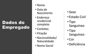 Dados do
Empregado
• Nome
• Data de
Nascimento
• Endereço
residencial
completo
• Contatos
• Filiação
• Nacionalidade/
Naturalidade
• Nome Social
•Sexo
•Estado Civil
•Tipo
Sanguíneo
•Tipo
Sanguíneo
•Cor
•Deficiência
 