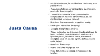 Justa Causa
• Ato de improbidade, incontinência de conduta ou mau
procedimento
• Negociação habitual por conta própria ou alheia sem
permissão do empregador
• Condenação criminal e prática, devidamente
comprovada em inquérito administrativo, de atos
atentatórios à segurança nacional.
• Desídia no desempenho das respectivas funções
• Embriaguez habitual ou em serviço
• Violação de segredo da empresa
• Ato de indisciplina ou de insubordinação, ato lesivo da
honra ou da boa fama praticado no serviço contra
qualquer pessoa, ou ofensas físicas, nas mesmas
condições, salvo em caso de legítima defesa, própria
ou de outrem
• Abandono de emprego;
• Prática constante de jogos de azar.
• Perda da habilitação, no caso de necessidade às
funções.
 