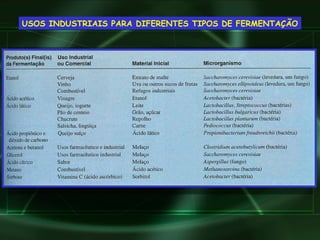 USOS INDUSTRIAIS PARA DIFERENTES TIPOS DE FERMENTAÇÃO 