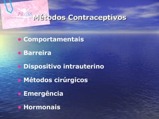 Métodos Contraceptivos Comportamentais Barreira Dispositivo intrauterino Métodos cirúrgicos Emergência  Hormonais 