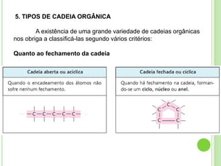 5. TIPOS DE CADEIA ORGÂNICA
A existência de uma grande variedade de cadeias orgânicas
nos obriga a classificá-las segundo vários critérios:
Quanto ao fechamento da cadeia
 