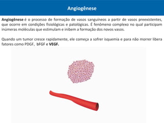 Angiogênese
Angiogênese é o processo de formação de vasos sanguíneos a partir de vasos preexistentes,
que ocorre em condições fisiológicas e patológicas. É fenômeno complexo no qual participam
inúmeras moléculas que estimulam e inibem a formação dos novos vasos.
Quando um tumor cresce rapidamente, ele começa a sofrer isquemia e para não morrer libera
fatores como PDGF, bFGF e VEGF.
 
