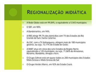 R EGIONALIZAÇÃO MIDIÁTICA


A Rede Globo está em 99,84%, o equivalente a 5.043 municípios;



O SBT, em 98%;



A Bandeirantes, em 94%.



A RBS atinge 99,7% dos domicílios com TV dos Estados do Rio
Grande do Sul e Santa Catarina;



As OJC, com a TV Anhanguera, atingem mais de 180 municípios
goianos, ou seja, 73,17% do Estado de Goiás;



A RART atua em cinco dos sete Estados da Região Norte,
equivalendo a 120 municípios, ou seja, 71,86% do Amazonas,
Roraima, Rondônia, Amapá e Acre;



O Grupo Zahran está em quase todos os 200 municípios dos Estados
Mato Grosso e Mato Grosso do Sul;



O Grupo Verdes Mares, em 92% do Estado Ceará.

 