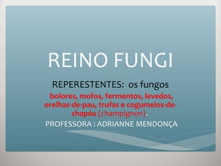 REINO FUNGI
REPERESTENTES: os fungos
-bolores, mofos, fermentos, levedos,
orelhas-de-pau, trufas e cogumelos-de-
chapéu (champignon).
-PROFESSORA : ADRIANNE MENDONÇA
 