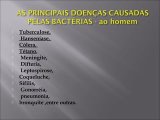  Tuberculose,
 Hanseníase,
 Cólera,
 Tétano,
 Meningite,
 Difteria,
 Leptospirose,
 Coqueluche,
 Sífilis,
 Gonorréia,
 pneumonia,
 bronquite ,entre outras.
 