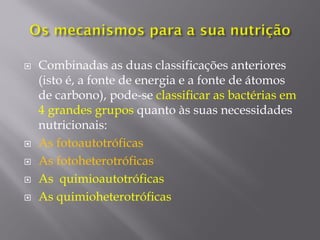  Combinadas as duas classificações anteriores
(isto é, a fonte de energia e a fonte de átomos
de carbono), pode-se classificar as bactérias em
4 grandes grupos quanto às suas necessidades
nutricionais:
 As fotoautotróficas
 As fotoheterotróficas
 As quimioautotróficas
 As quimioheterotróficas
 