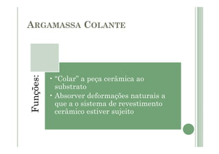 ARGAMASSA COLANTE
Funções:
• “Colar” a peça cerâmica ao
substrato
• Absorver deformações naturais a
que a o sistema de revestimento
cerâmico estiver sujeito
 