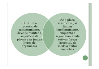 Durante o
processo de
assentamento,
deve-se manter a
superfície da
placas e as juntas
livres de
argamassa
Se a placa
cerâmica sujar,
limpar
imediatamente,
enquanto a
argamassa ainda
estiver fresca
(recente), de
modo a evitar
manchas
 
