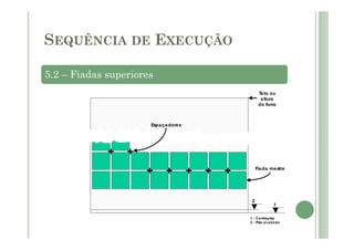 5.2 – Fiadas superiores
1 - Contrapiso
2 - Piso acabado
2
1
Teto ou
altura
do forro
Fiada mestra
Etapa 2 - colocação dos ladrilhos acima da fiada mestra
Espaçadores
SEQUÊNCIA DE EXECUÇÃO
 