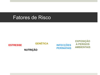 Fatores de Risco
ESTRESSE
GENÉTICA
NUTRIÇÃO
INFECÇÕES
PERINATAIS
EXPOSIÇÃO
A PERIGOS
AMBIENTAIS
 