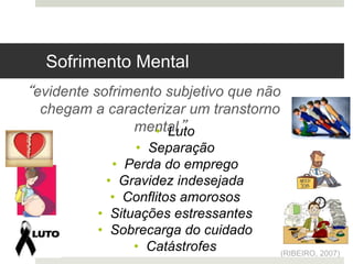 Sofrimento Mental
“evidente sofrimento subjetivo que não
chegam a caracterizar um transtorno
mental”
• Luto
• Separação
• Perda do emprego
• Gravidez indesejada
• Conflitos amorosos
• Situações estressantes
• Sobrecarga do cuidado
• Catástrofes (RIBEIRO, 2007)
 