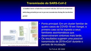 Transmissão do SARS-CoV-2
MMWR, Mar, 2014
Yu P et al. JID 2020
• Ponto principal: Em um cluster familiar de
quatro casos de COVID-19 em Xangai, o
primeiro caso só foi exposto a seus
familiares assintomáticos que
desenvolveram sintomas mais tarde.
• Os resultados sugerem uma possível
transmissão de 2019-nCoV durante o
período de incubação
 