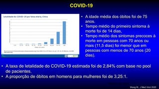 COVID-19
MMWR, Mar, 2014
Wang W,, J Med Virol 2020
• A taxa de letalidade do COVID-19 estimada foi de 2,84% com base no pool
de pacientes.
• A proporção de óbitos em homens para mulheres foi de 3,25:1.
• A idade média dos óbitos foi de 75
anos.
• Tempo médio do primeiro sintoma à
morte foi de 14 dias,
• Tempo médio dos sintomas precoces à
morte em pessoas com 70 anos ou
mais (11,5 dias) foi menor que em
pessoas com menos de 70 anos (20
dias).
 