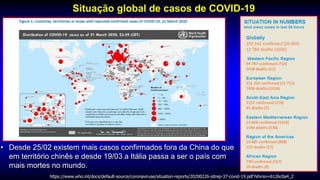 Situação global de casos de COVID-19
MMWR, Mar, 2014
https://www.who.int/docs/default-source/coronaviruse/situation-reports/20200226-sitrep-37-covid-19.pdf?sfvrsn=6126c0a4_2
• Desde 25/02 existem mais casos confirmados fora da China do que
em território chinês e desde 19/03 a Itália passa a ser o país com
mais mortes no mundo.
 