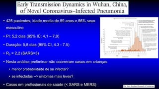 • 425 pacientes, idade media de 59 anos e 56% sexo
masculino
• PI: 5,2 dias (95% IC: 4,1 – 7,0)
• Duração: 5,8 dias (95% CI, 4.3 - 7.5)
• R0 = 2,2 (SARS=3)
• Nesta análise preliminar não ocorreram casos em crianças
• menor probabilidade de se infectar?
• se infectadas --> sintomas mais leves?
• Casos em profissionais de saúde (< SARS e MERS)
 
