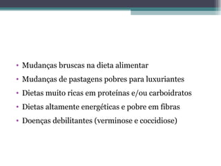 • Mudanças bruscas na dieta alimentar
• Mudanças de pastagens pobres para luxuriantes
• Dietas muito ricas em proteínas e/ou carboidratos
• Dietas altamente energéticas e pobre em fibras
• Doenças debilitantes (verminose e coccidiose)
 
