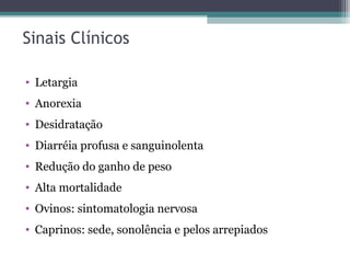 Sinais Clínicos
• Letargia
• Anorexia
• Desidratação
• Diarréia profusa e sanguinolenta
• Redução do ganho de peso
• Alta mortalidade
• Ovinos: sintomatologia nervosa
• Caprinos: sede, sonolência e pelos arrepiados
 