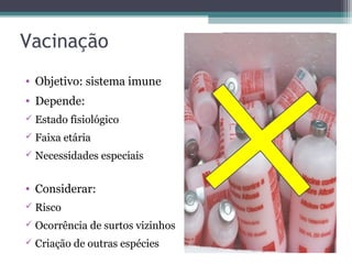 Vacinação
• Objetivo: sistema imune
• Depende:
 Estado fisiológico
 Faixa etária
 Necessidades especiais
• Considerar:
 Risco
 Ocorrência de surtos vizinhos
 Criação de outras espécies
CUIDADO COM:CUIDADO COM:
validade do lote;
integridade, limpeza
e temperatura do
frasco; transporte e
armazenamento
MATERIAIS:MATERIAIS:
esterilizados (água
fervente por 20 min)
ou descartáveis; para
via SC usar agulhas
10x10 ou 15x10
 