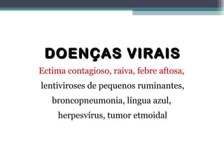 DOENÇAS VIRAISDOENÇAS VIRAIS
Ectima contagioso, raiva, febre aftosa,
lentiviroses de pequenos ruminantes,
broncopneumonia, língua azul,
herpesvírus, tumor etmoidal
 