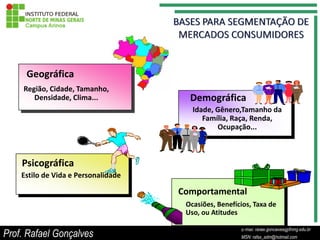 Geográfica
    Região, Cidade, Tamanho,
       Densidade, Clima...             Demográfica
                                        Idade, Gênero,Tamanho da
                                           Família, Raça, Renda,
                                               Ocupação...



    Psicográfica
    Estilo de Vida e Personalidade

                                     Comportamental
                                      Ocasiões, Benefícios, Taxa de
                                      Uso, ou Atitudes

                                                           E-mail: rafael.goncalves@ifnmg.edu.br
Prof. Rafael Gonçalves                          E-mail: rafael.goncalves@ifnmg.edu.br
                                                           MSN: rafax_adm@hotmail.com
                                                MSN: rafax_adm@hotmail.com
 