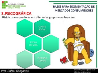 3.PSICOGRÁFICA
Divide os compradores em diferentes grupos com base em:


                                   CLASSE
                                   SOCIAL




                         ESTILO
                         DE VIDA




                               PERSONA
                                LIDADE


                                                           E-mail: rafael.goncalves@ifnmg.edu.br
Prof. Rafael Gonçalves                          E-mail: rafael.goncalves@ifnmg.edu.br
                                                           MSN: rafax_adm@hotmail.com
                                                MSN: rafax_adm@hotmail.com
 
