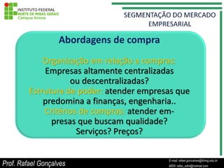 Abordagens de compra
             Organização em relação a compras:
             Empresas altamente centralizadas
                    ou descentralizadas?
         Estrutura de poder: atender empresas que
             predomina a finanças, engenharia..
             Critérios de compras: atender em-
               presas que buscam qualidade?
                      Serviços? Preços?

                                                  E-mail: rafael.goncalves@ifnmg.edu.br
Prof. Rafael Gonçalves                 E-mail: rafael.goncalves@ifnmg.edu.br
                                                  MSN: rafax_adm@hotmail.com
                                       MSN: rafax_adm@hotmail.com
 