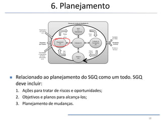 Organização e
seu contexto
(4.1)
Requisitos
dos Clientes
Necessidades
e Expectativas
das Partes
Interessadas
(4.2)
Resultados
do SGQ
Sistema de Gestão da Qualidade (4)
Satisfação
do Cliente
Produtos e
Serviços
Liderança (5)
Planejamento
(6)
Apoio
(7) /
Operação (8)
Avaliação de
Desempenho
(9)
Melhoria
(10)
Planeja
r
(plan)
Agir
(act)
Checar
(check)
Fazer
(do)
6. Planejamento
18
 Relacionado ao planejamento do SGQ como um todo. SGQ
deve incluir:
1. Ações para tratar de riscos e oportunidades;
2. Objetivos e planos para alcança-los;
3. Planejamento de mudanças.
 