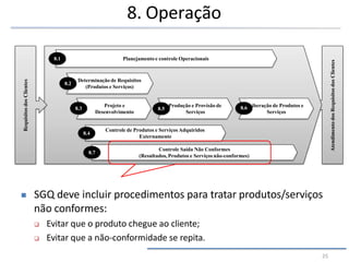 8. Operação
 SGQ deve incluir procedimentos para tratar produtos/serviços
não conformes:
 Evitar que o produto chegue ao cliente;
 Evitar que a não-conformidade se repita.
Atendimento
dos
Requisitos
dos
Clientes
Requisitos
dos
Clientes
Planejamento e controle Operacionais
Projeto e
Desenvolvimento
Produção e Provisão de
Serviços Serviços
Controle de Produtos e Serviços Adquiridos
Externamente
Controle Saída Não Conformes
(Resultados, Produtos e Serviços não-conformes)
Determinação de Requisitos
(Produtos e Serviços)
8.1
8.2
8.3 8.5
8.4
8.6 Liberação de Produtos e
8.7
25
 