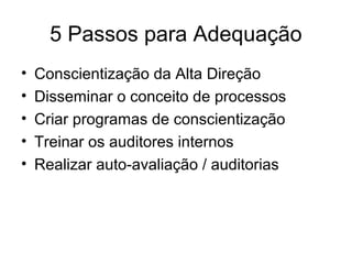 5 Passos para Adequação
• Conscientização da Alta Direção
• Disseminar o conceito de processos
• Criar programas de conscientização
• Treinar os auditores internos
• Realizar auto-avaliação / auditorias
 