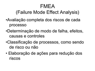 FMEA
(Failure Mode Effect Analysis)
•Avaliação completa dos riscos de cada
processo
•Determinação de modo de falha, efeitos,
causas e controles
•Classificação de processos, como sendo
de risco ou não
• Elaboração de ações para redução dos
riscos
 