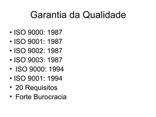 Garantia da Qualidade
• ISO 9000: 1987
• ISO 9001: 1987
• ISO 9002: 1987
• ISO 9003: 1987
• ISO 9000: 1994
• ISO 9001: 1994
• 20 Requisitos
• Forte Burocracia
 