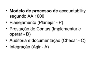 • Modelo de processo de accountability
segundo AA 1000
• Planejamento (Planejar - P)
• Prestação de Contas (Implementar e
operar - D)
• Auditoria e documentação (Checar - C)
• Integração (Agir - A)
 