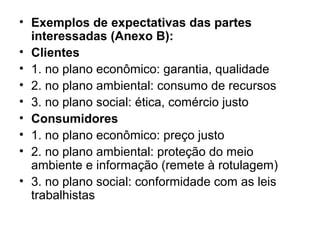 • Exemplos de expectativas das partes
interessadas (Anexo B):
• Clientes
• 1. no plano econômico: garantia, qualidade
• 2. no plano ambiental: consumo de recursos
• 3. no plano social: ética, comércio justo
• Consumidores
• 1. no plano econômico: preço justo
• 2. no plano ambiental: proteção do meio
ambiente e informação (remete à rotulagem)
• 3. no plano social: conformidade com as leis
trabalhistas
 